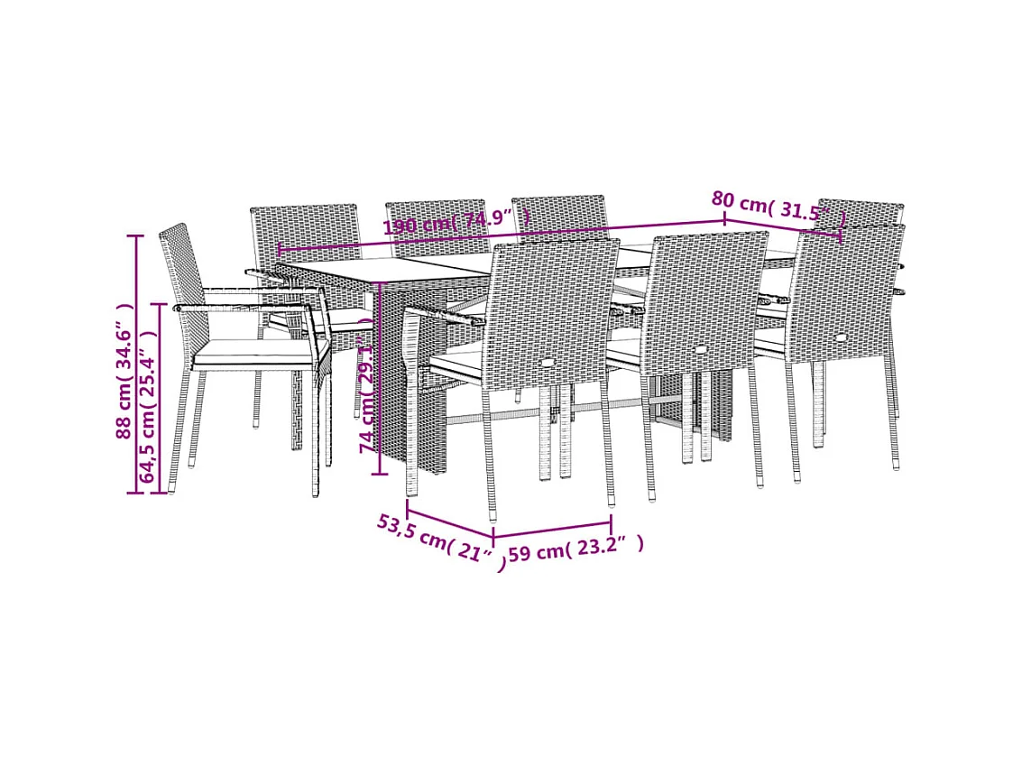 Ensemble à manger de jardin 9pcs coussins noir résine tressée