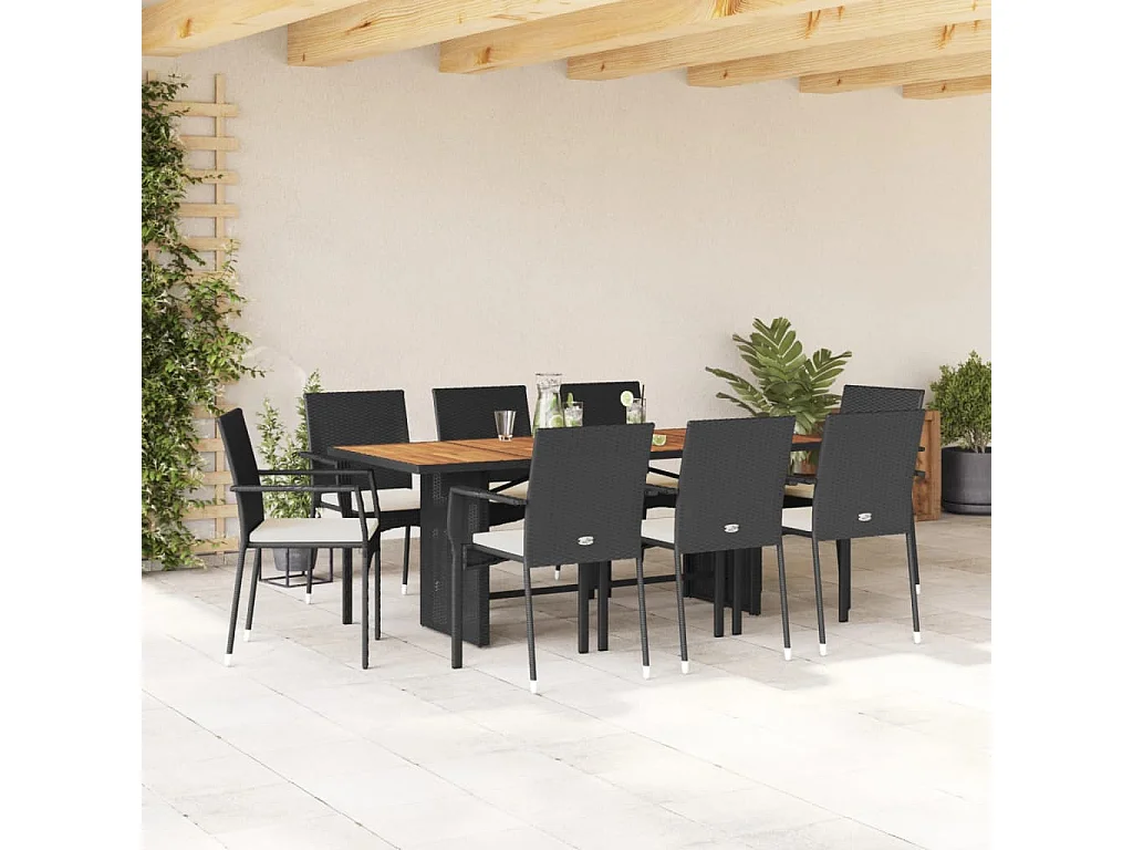 Ensemble à manger de jardin 9pcs coussins noir résine tressée