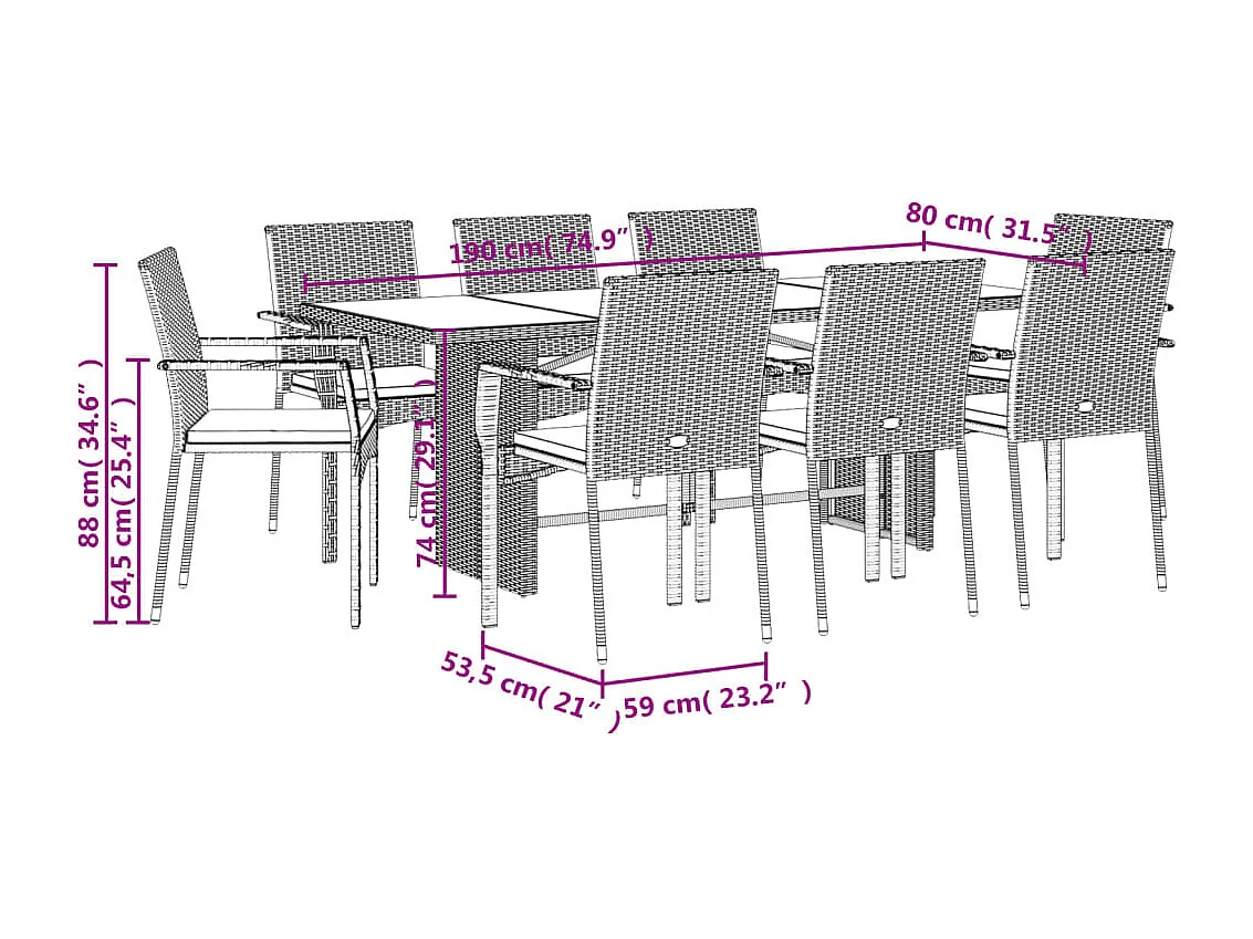 Ensemble à manger de jardin 9pcs coussins noir résine tressée