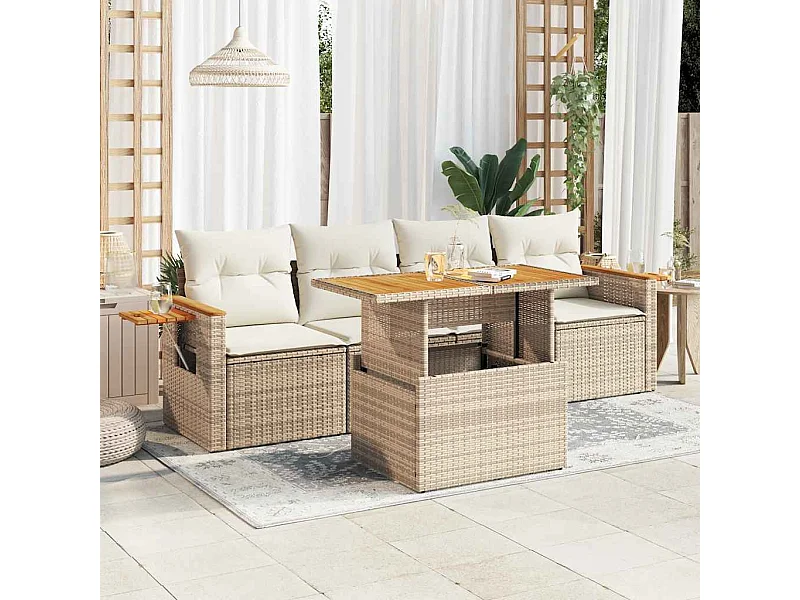 Salon de jardin avec coussins 5 pcs beige résine tressée acacia