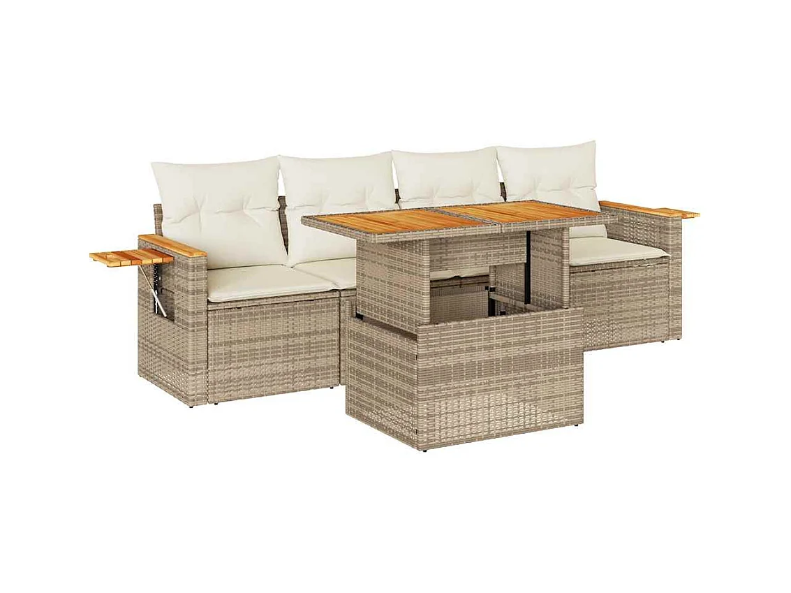 5-tlg. Garten-Sofagarnitur mit Kissen Beige Poly Rattan Akazie