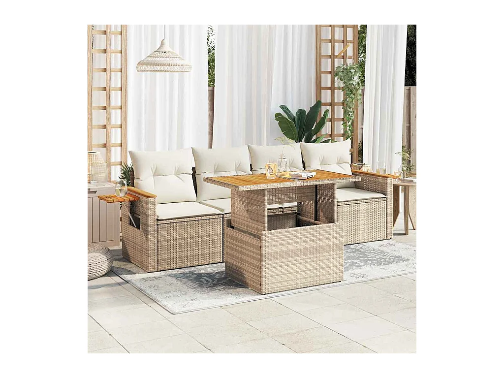Salon de jardin avec coussins 5 pcs beige résine tressée acacia