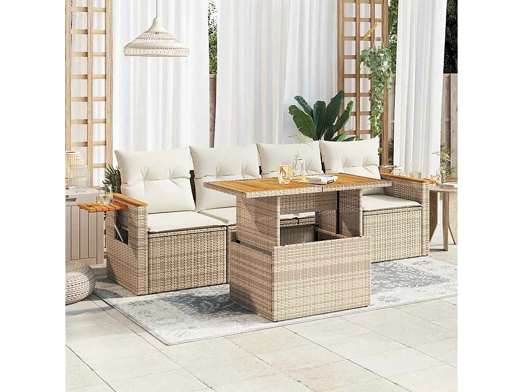 5-tlg. Garten-Sofagarnitur mit Kissen Beige Poly Rattan Akazie