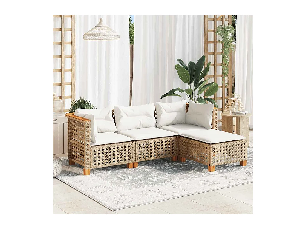 Salon de jardin avec coussins 4 pcs beige résine tressée