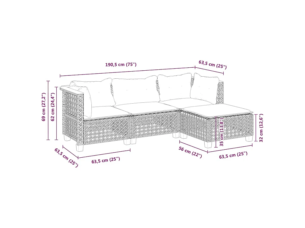4-delige Loungeset met kussens poly rattan beige