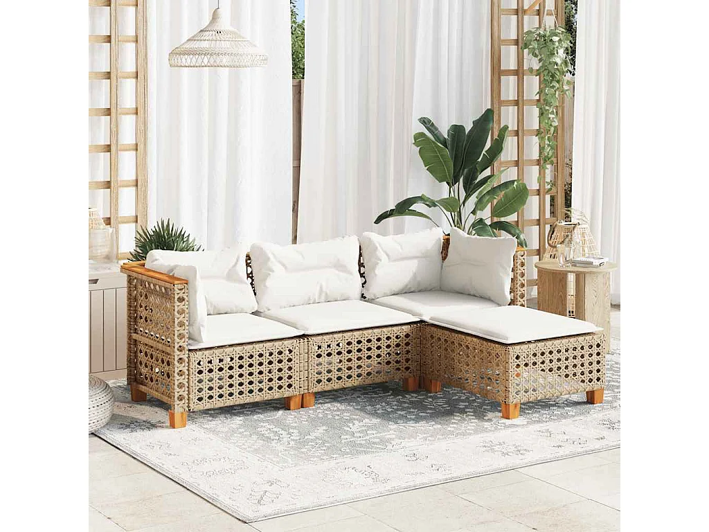 4-delige Loungeset met kussens poly rattan beige
