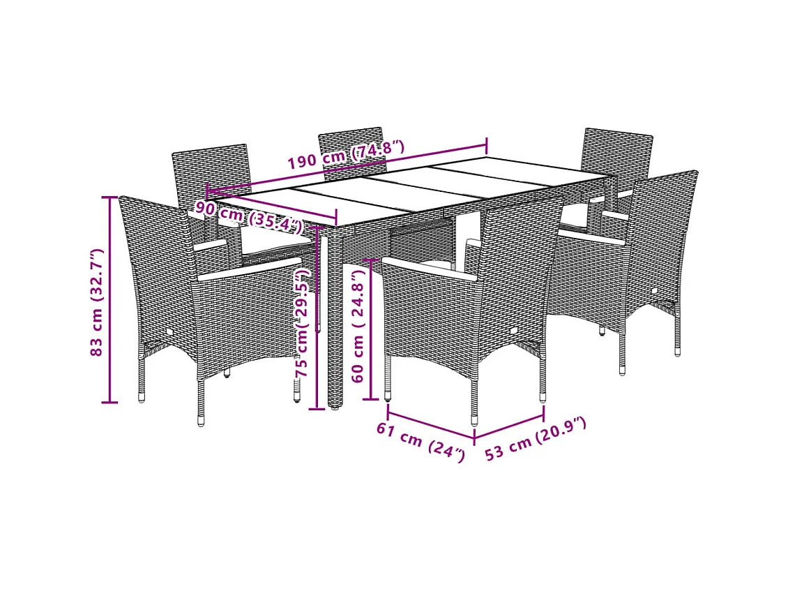 7-delige Tuinset met kussens poly rattan en acaciahout zwart