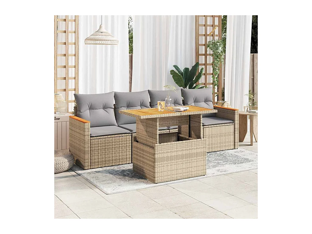 Salon de jardin avec coussins 5 pcs beige résine tressée acacia