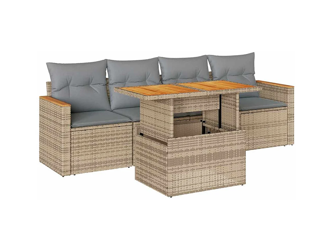 Salon de jardin avec coussins 5 pcs beige résine tressée acacia