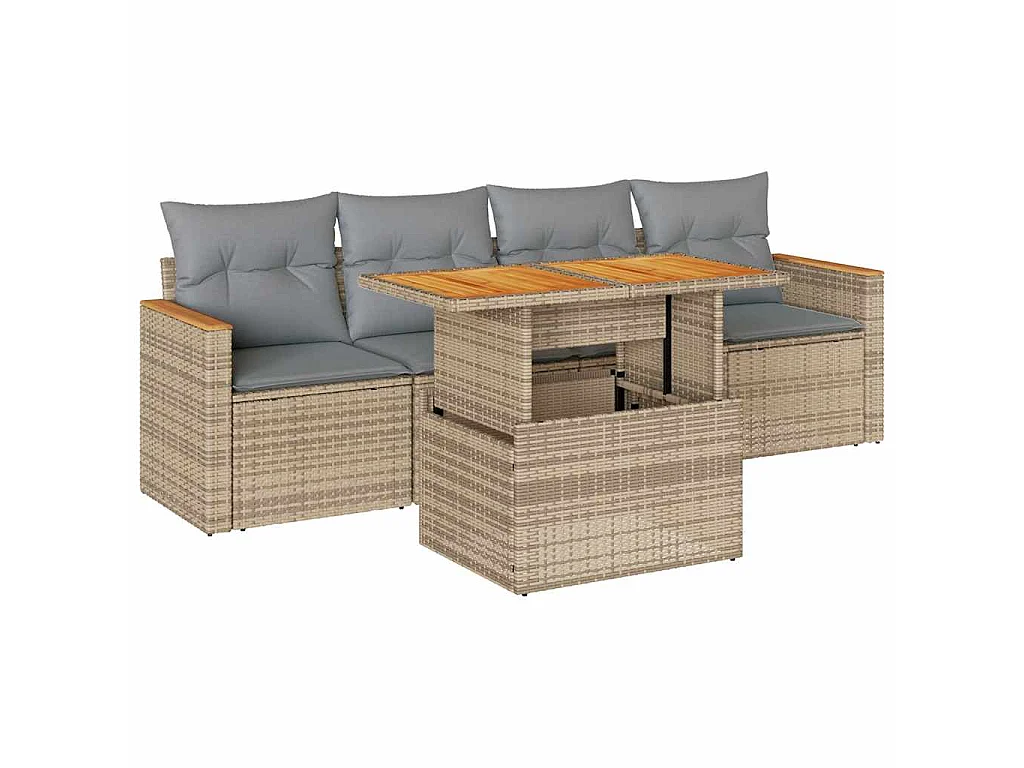 5-delige Loungeset met kussens poly rattan en acaciahout beige