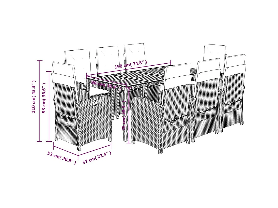 Ensemble à manger de jardin 9pcs coussins noir résine tressée