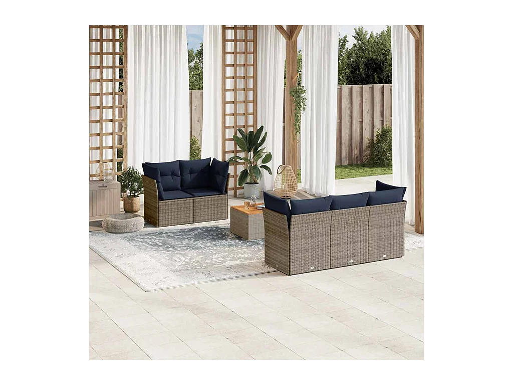 Salon de jardin 6 pcs avec coussins gris résine tressée