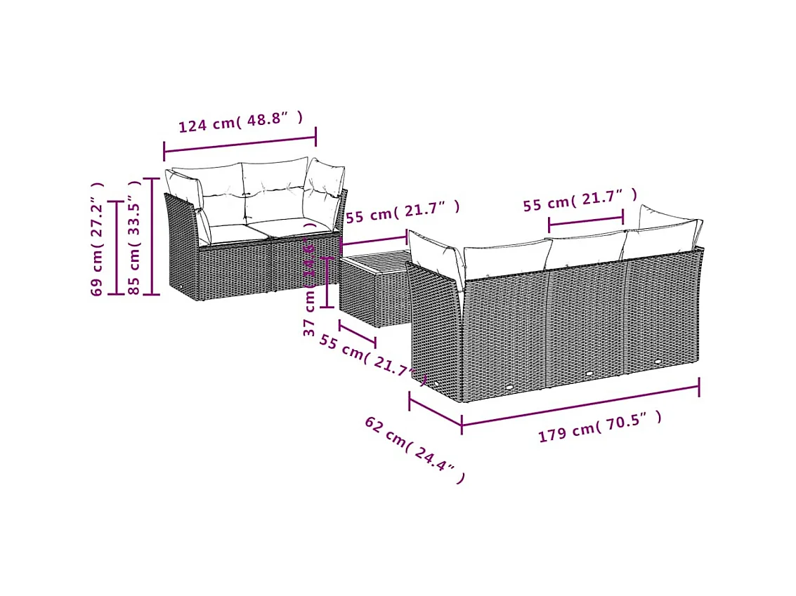 Salon de jardin 6 pcs avec coussins gris résine tressée