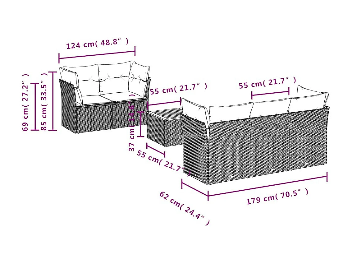 Salon de jardin 6 pcs avec coussins gris résine tressée