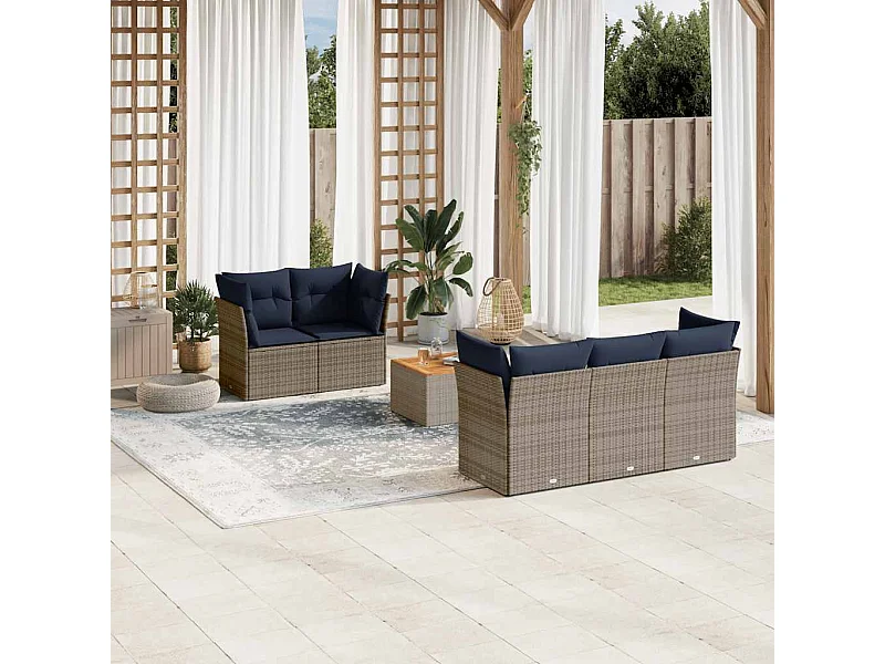 Salon de jardin 6 pcs avec coussins gris résine tressée