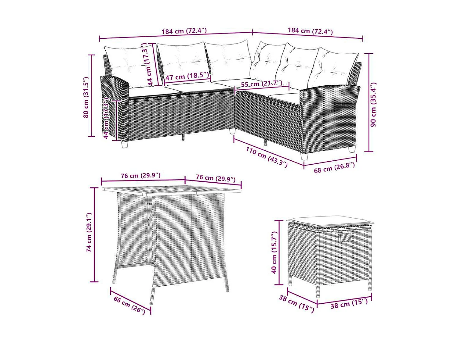 Set de sofás de jardín en forma de L con cojines 6 pzas gris