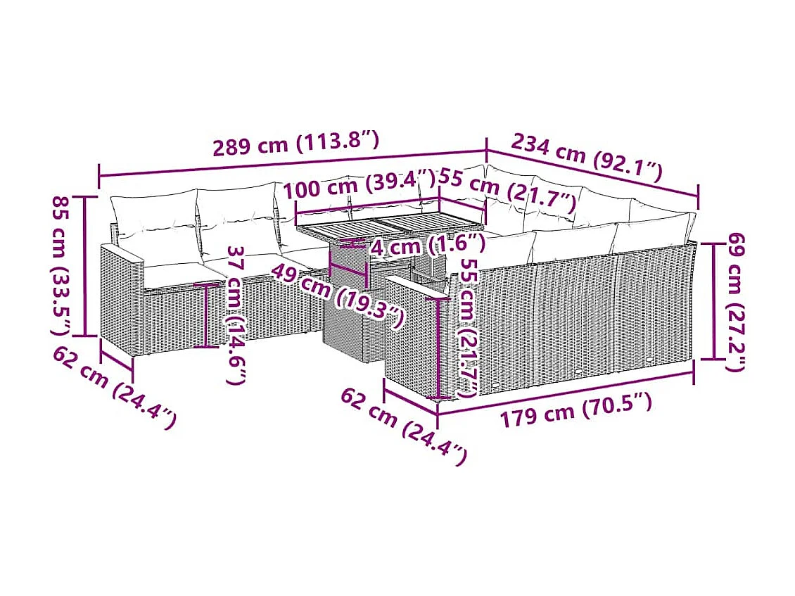 Ensemble de canapés de jardin 11 pcs et coussins rotin acacia