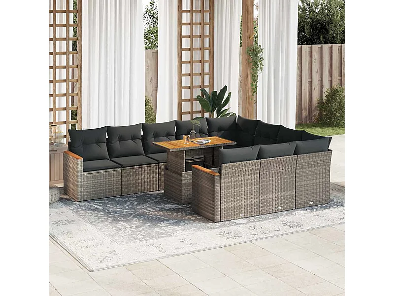 Set Divani Giardino 11 pz con Cuscini Polyrattan Acacia Grigio