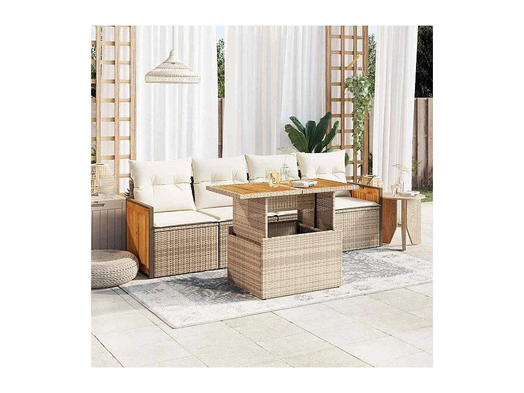 5-tlg. Garten-Sofagarnitur mit Kissen Beige Poly Rattan Akazie