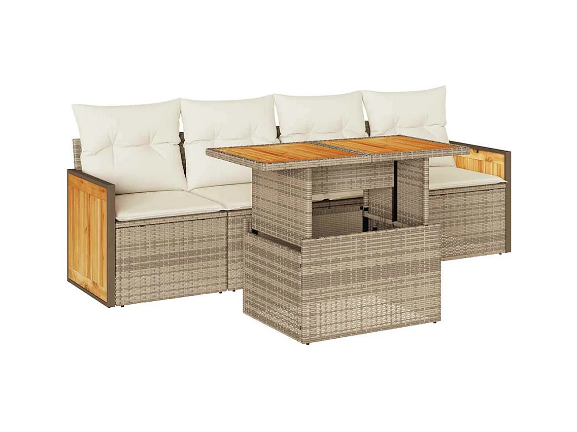 5-tlg. Garten-Sofagarnitur mit Kissen Beige Poly Rattan Akazie