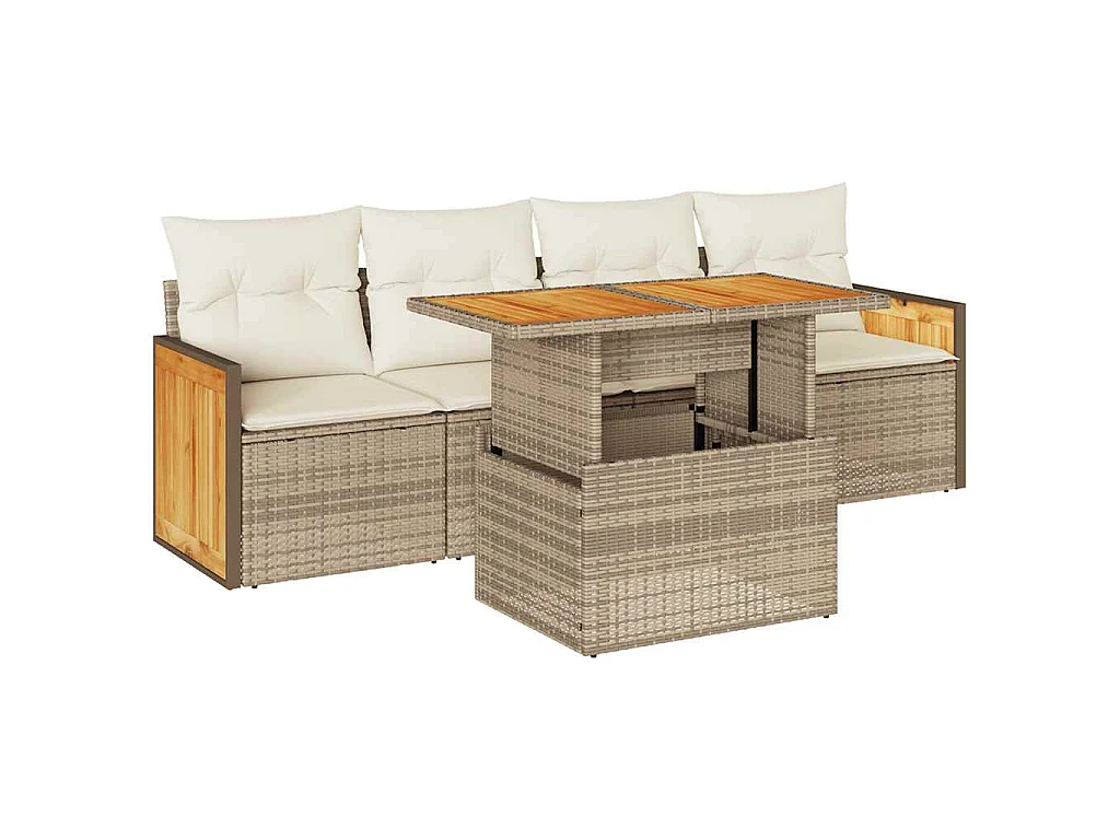 Salon de jardin avec coussins 5 pcs beige résine tressée acacia