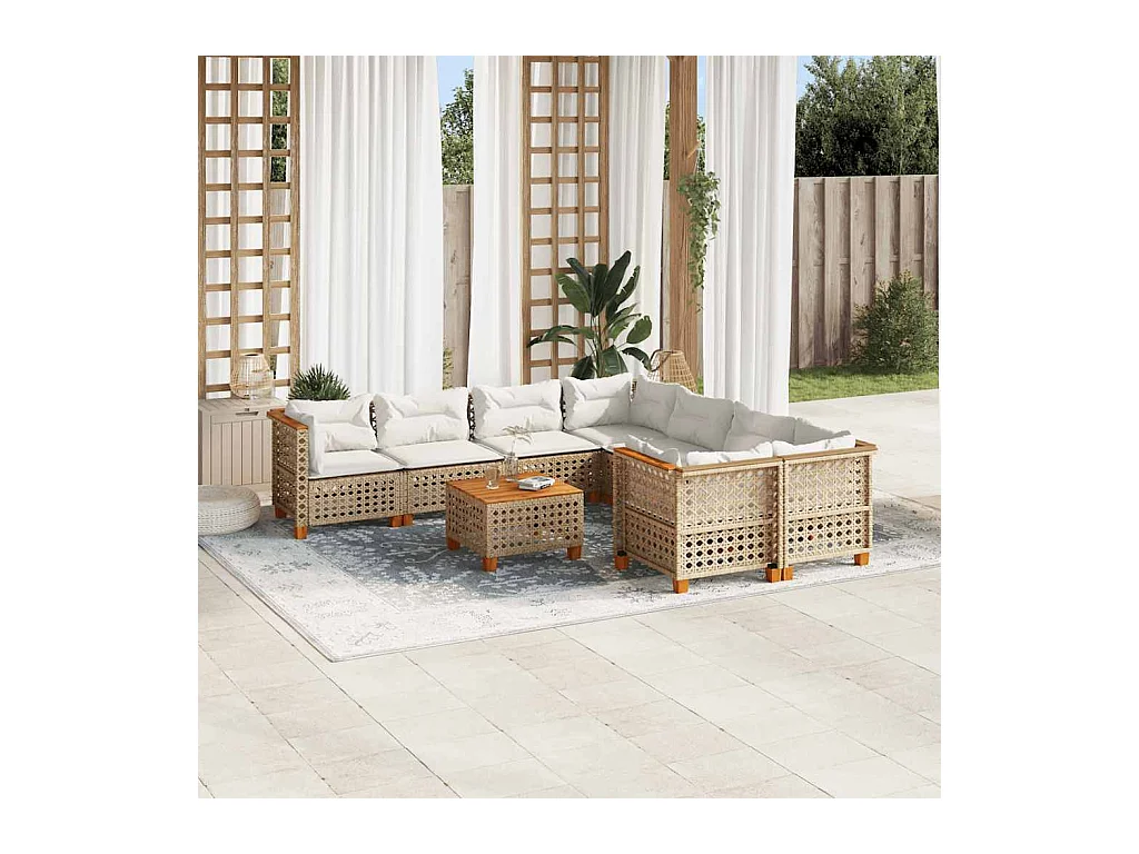 Salon de jardin avec coussins 9 pcs beige résine tressée