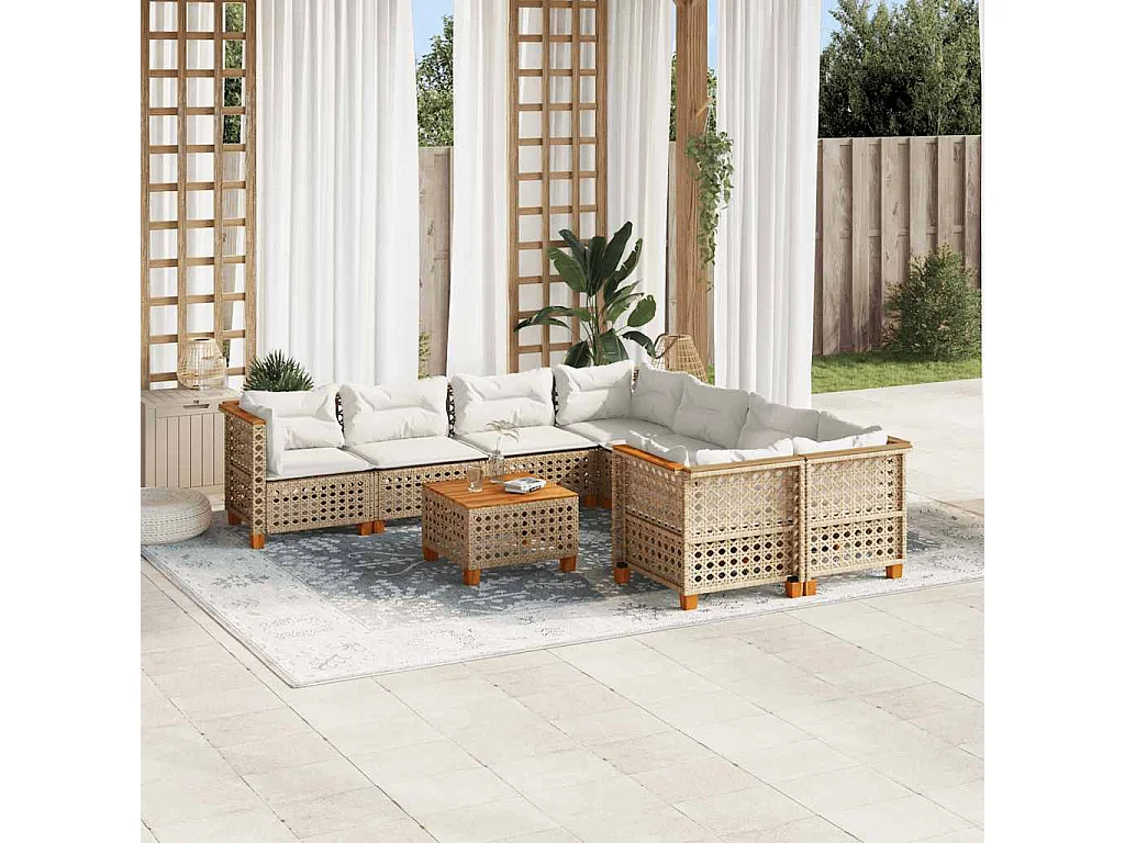 Salon de jardin avec coussins 9 pcs beige résine tressée