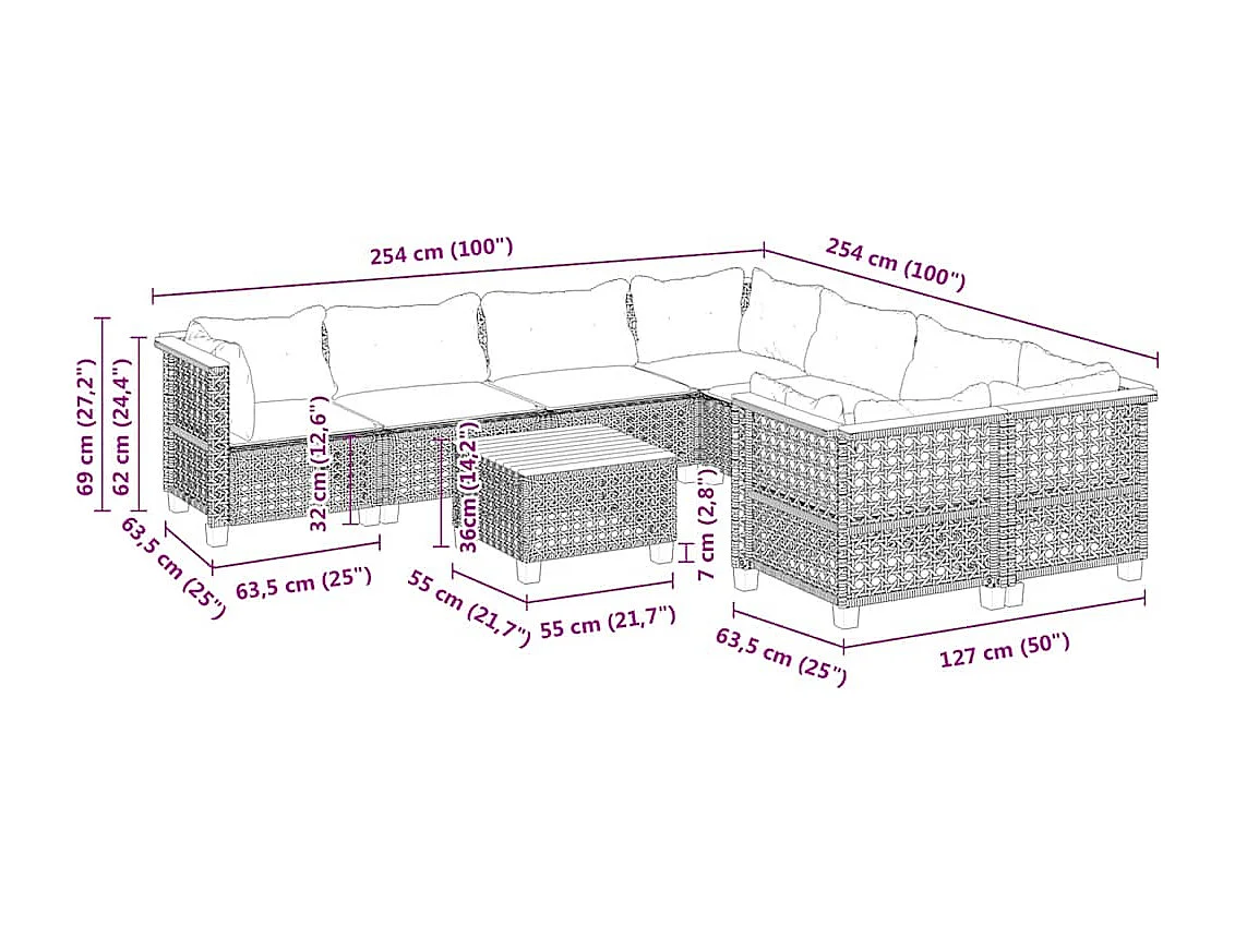 Salon de jardin avec coussins 9 pcs beige résine tressée