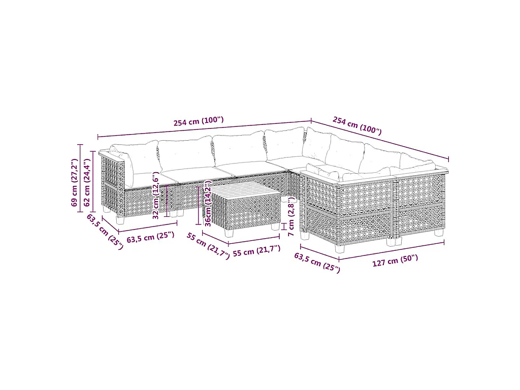 9-delige Loungeset met kussens poly rattan beige