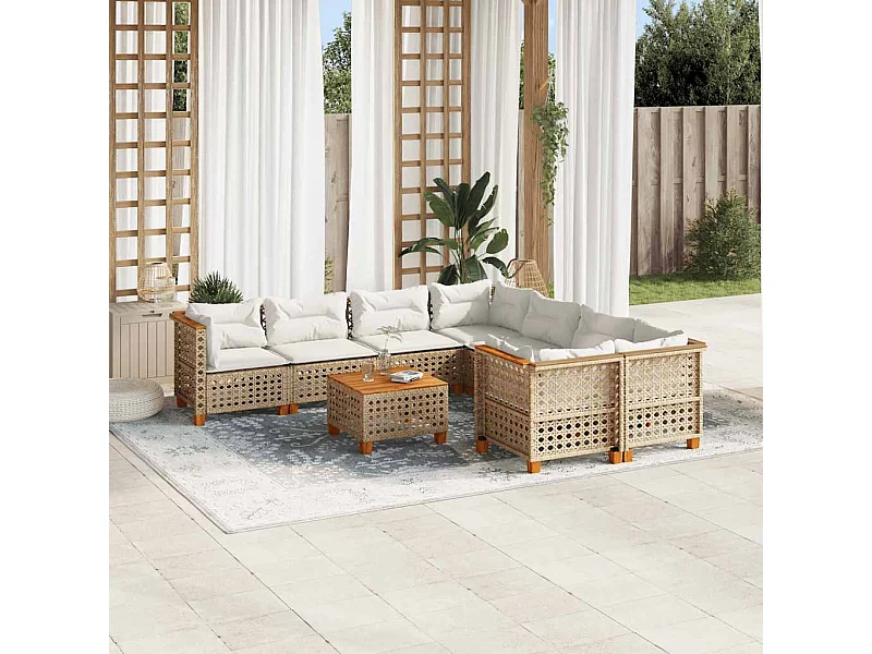 Salon de jardin avec coussins 9 pcs beige résine tressée