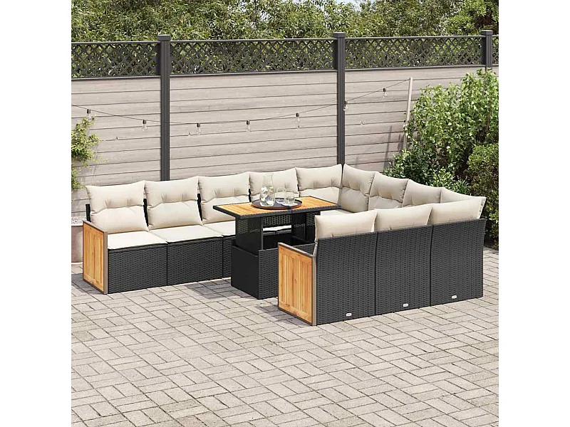 11-tlg. Garten-Sofagarnitur mit Kissen Schwarz Poly Rattan