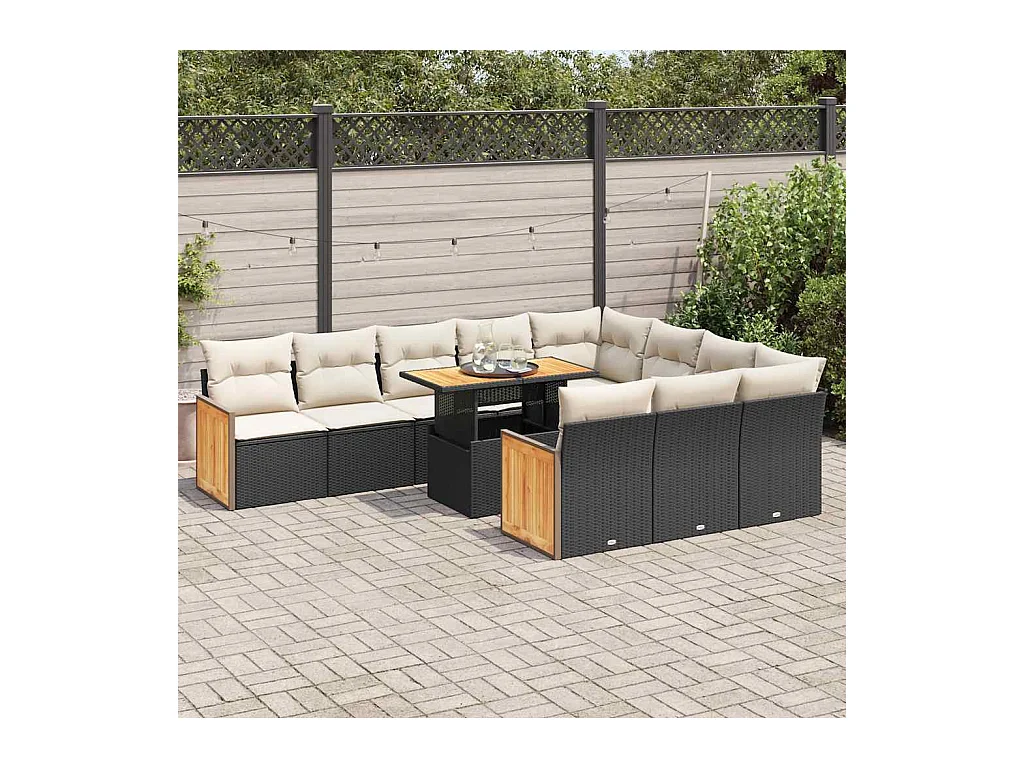 11-tlg. Garten-Sofagarnitur mit Kissen Schwarz Poly Rattan
