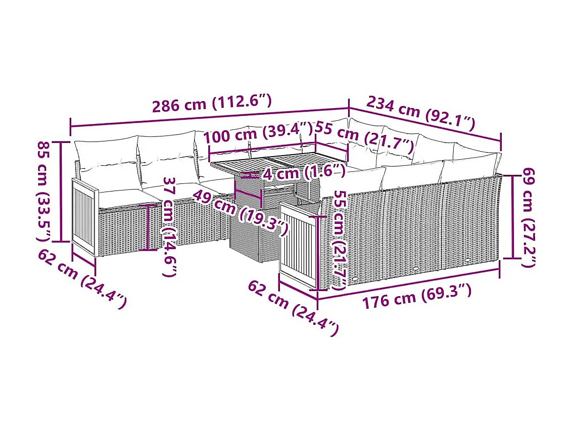 Ensemble de canapés de jardin 11 pcs et coussins rotin acacia