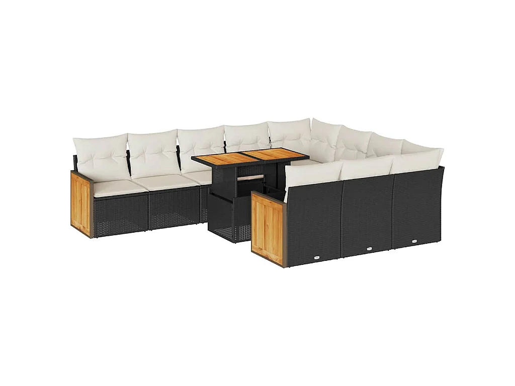 11-tlg. Garten-Sofagarnitur mit Kissen Schwarz Poly Rattan