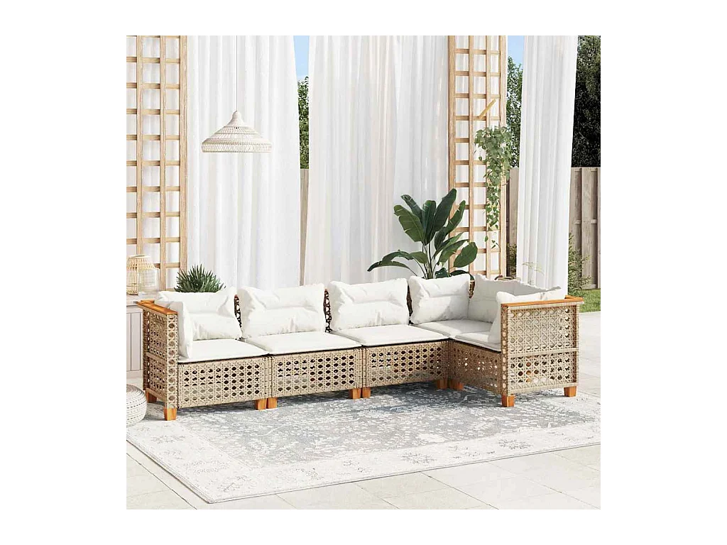 Set Divano da Giardino 5 pz con Cuscini Beige in Polyrattan