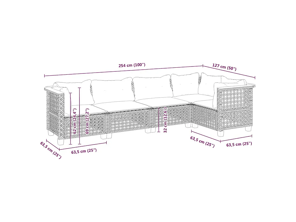 5-delige Loungeset met kussens poly rattan beige