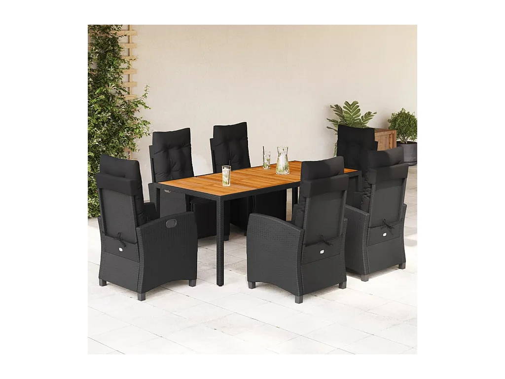 Ensemble à manger de jardin coussins 7pcs Noir Résine tressée