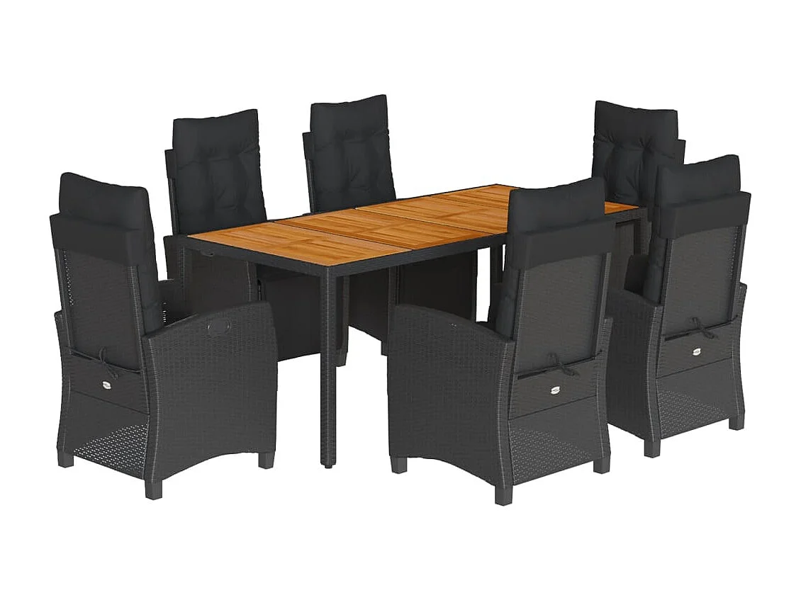 7-tlg. Garten-Essgruppe mit Kissen Schwarz Poly Rattan