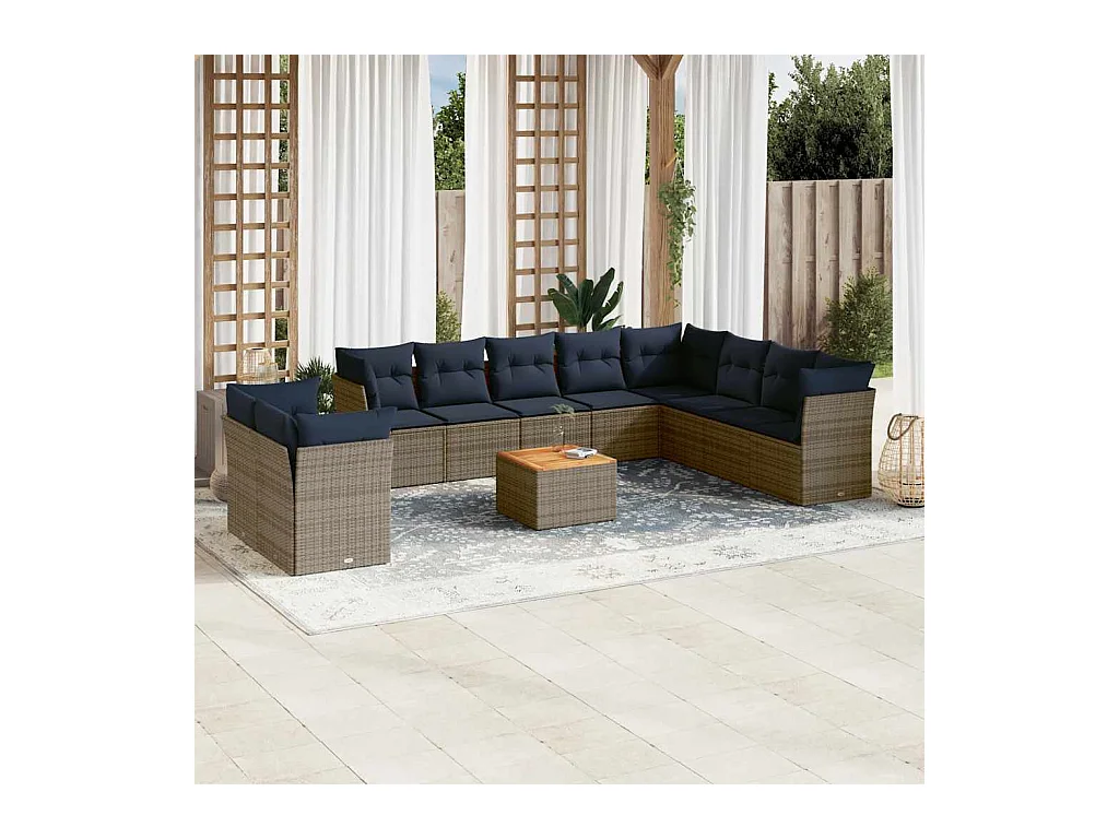 Salon de jardin 11 pcs avec coussins gris résine tressée
