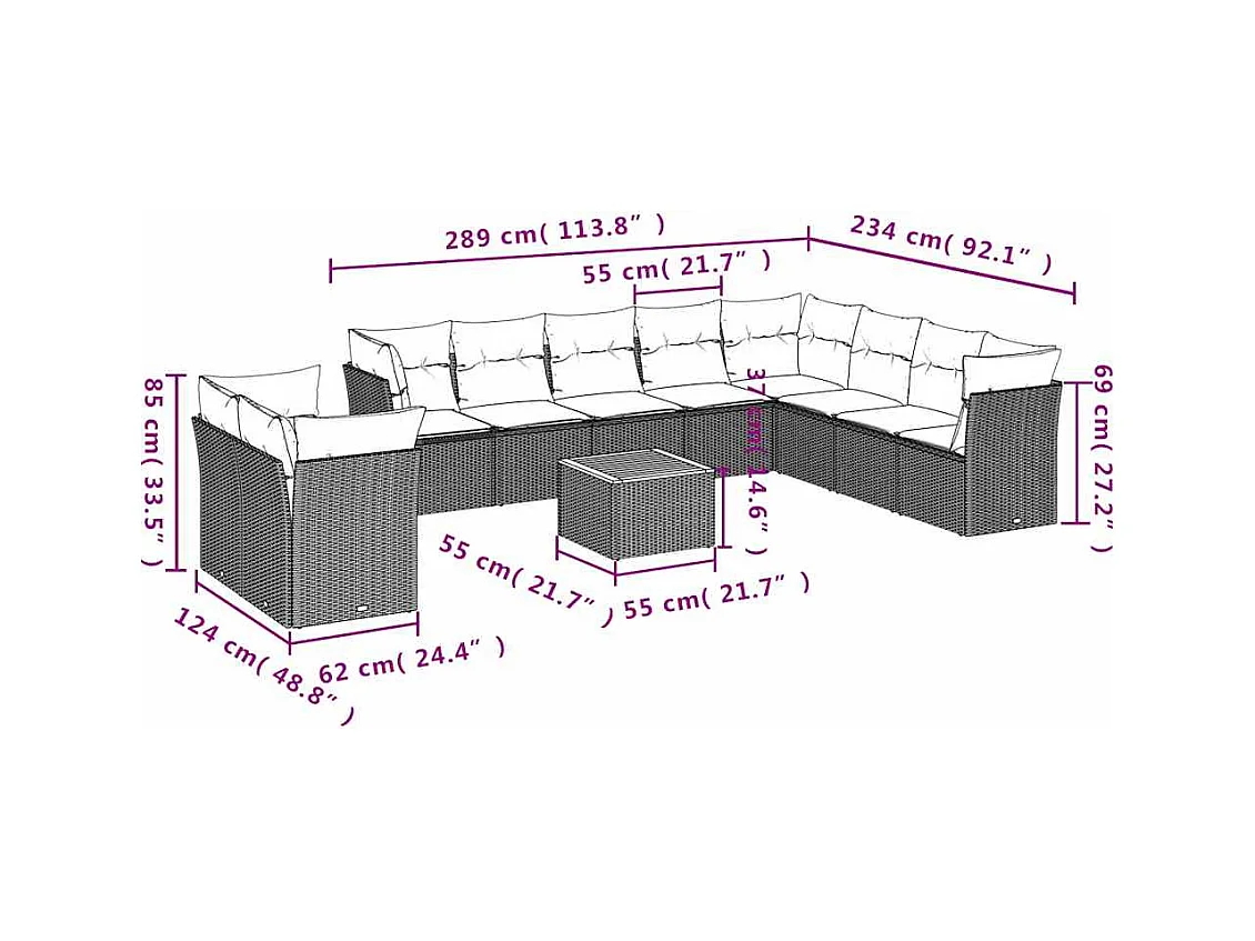 Salon de jardin 11 pcs avec coussins gris résine tressée