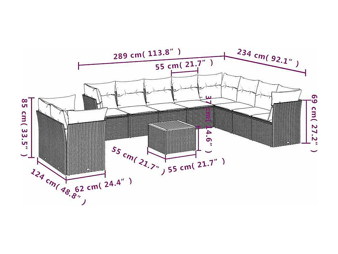 Set Divani da Giardino 11 pz con Cuscini in Polyrattan Grigio