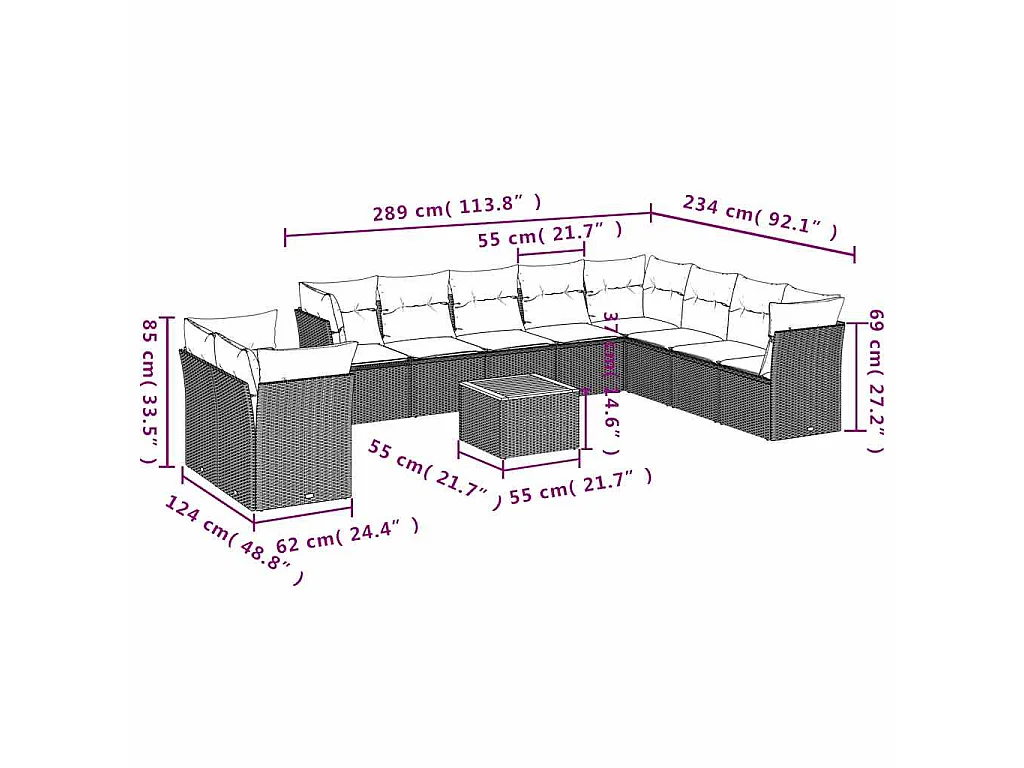 11-delige Loungeset met kussens poly rattan grijs