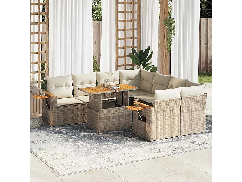 9-tlg. Garten-Sofagarnitur mit Kissen Beige Poly Rattan Akazie
