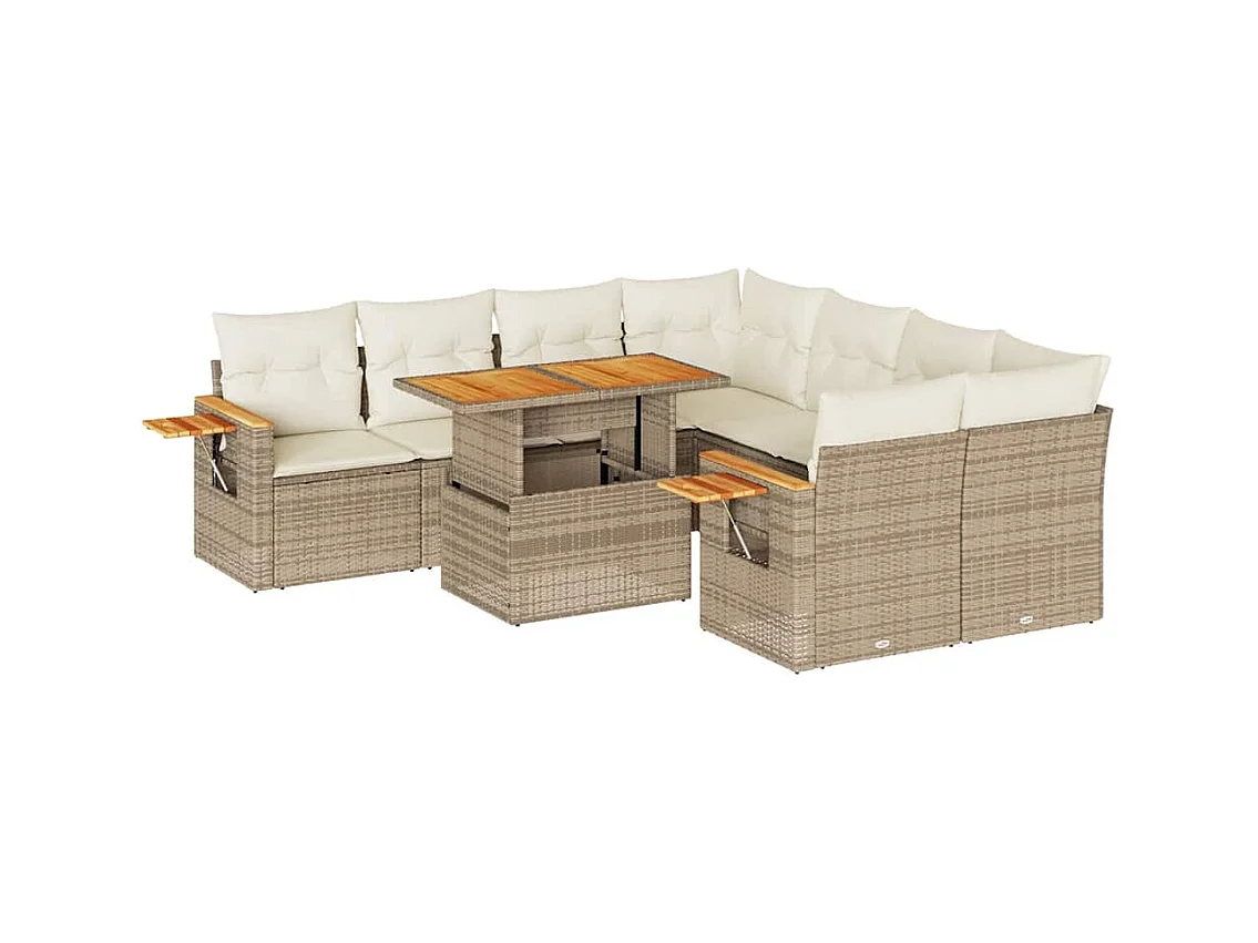 Salon de jardin avec coussins 9 pcs beige résine tressée acacia