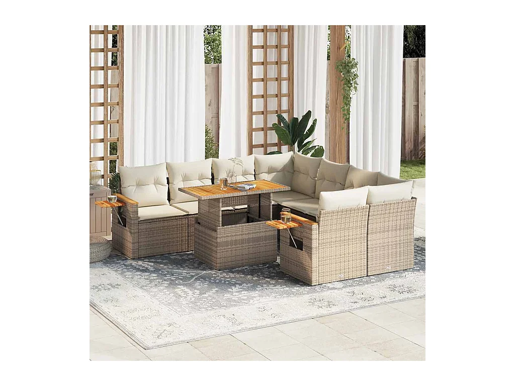 9-tlg. Garten-Sofagarnitur mit Kissen Beige Poly Rattan Akazie