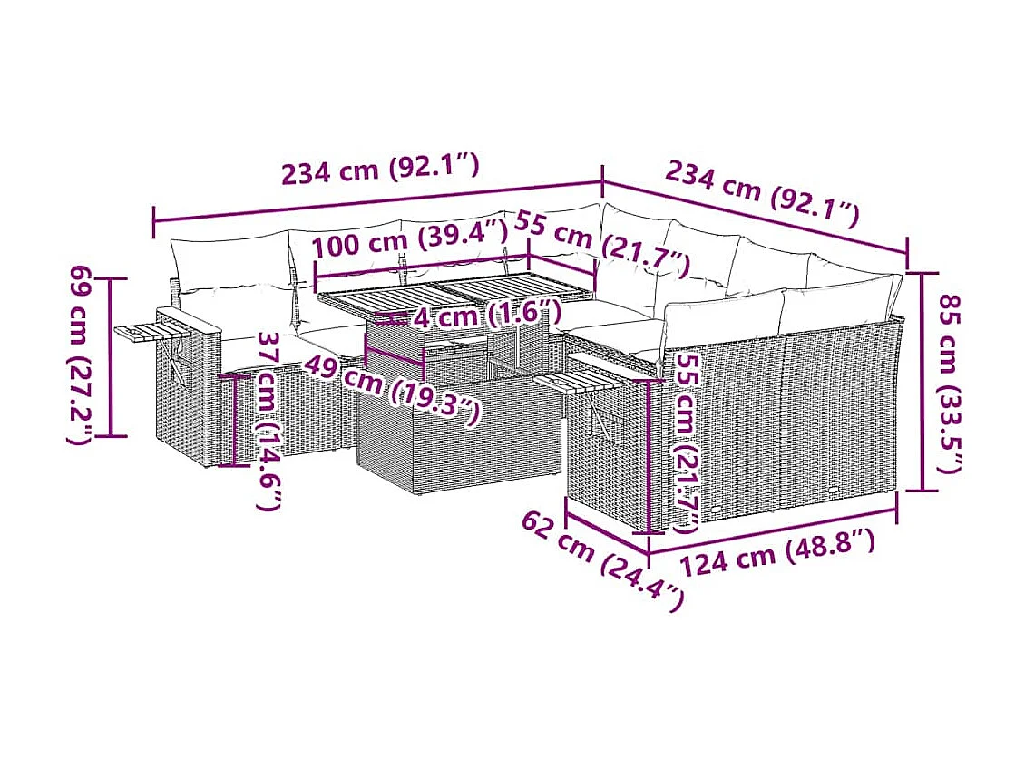 9-tlg. Garten-Sofagarnitur mit Kissen Beige Poly Rattan Akazie