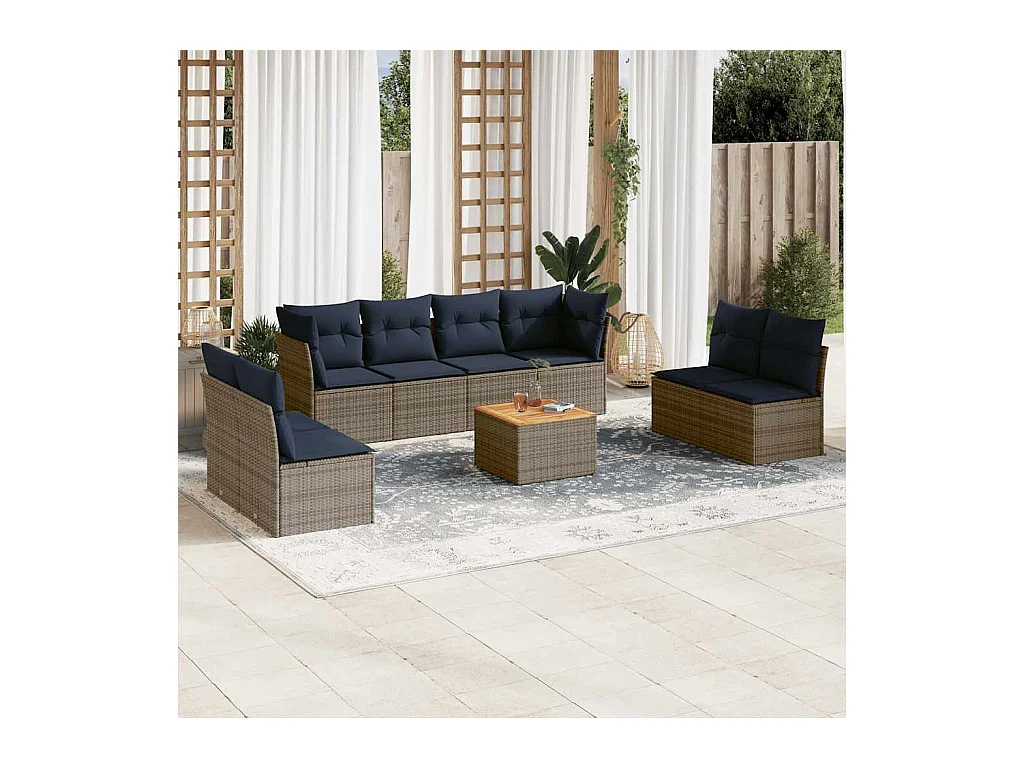 Set Divani da Giardino 9 pz con Cuscini Grigio in Polyrattan