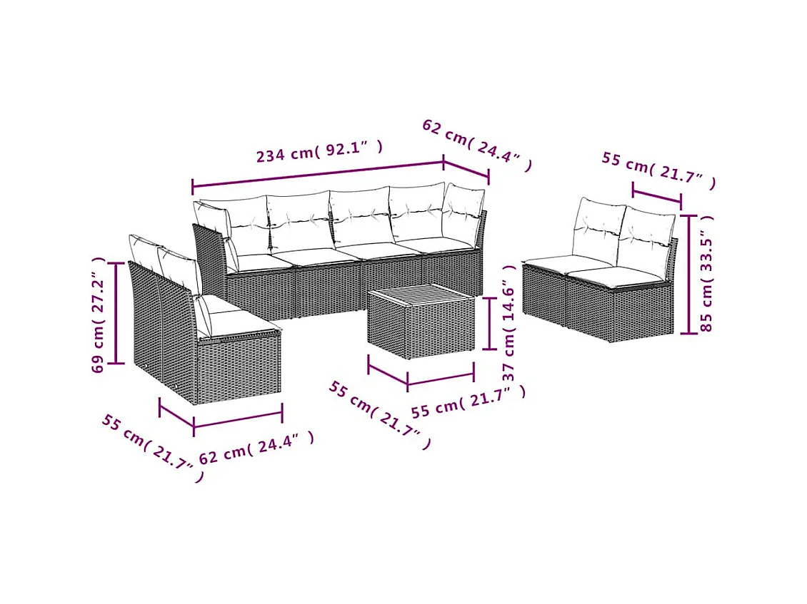 Set Divani da Giardino 9 pz con Cuscini Grigio in Polyrattan