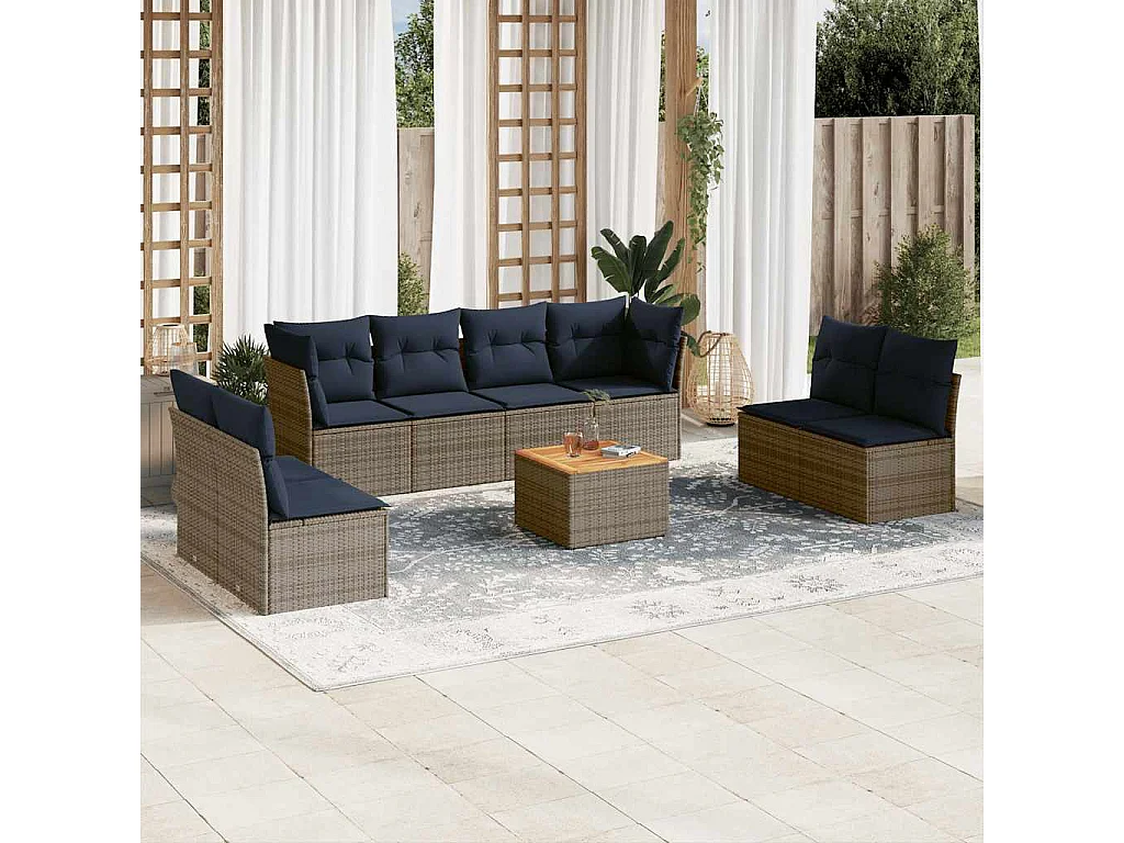 9-tlg. Garten-Sofagarnitur mit Kissen Grau Poly Rattan