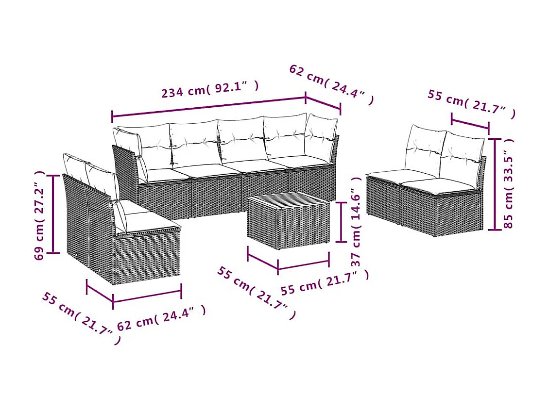 9-tlg. Garten-Sofagarnitur mit Kissen Grau Poly Rattan